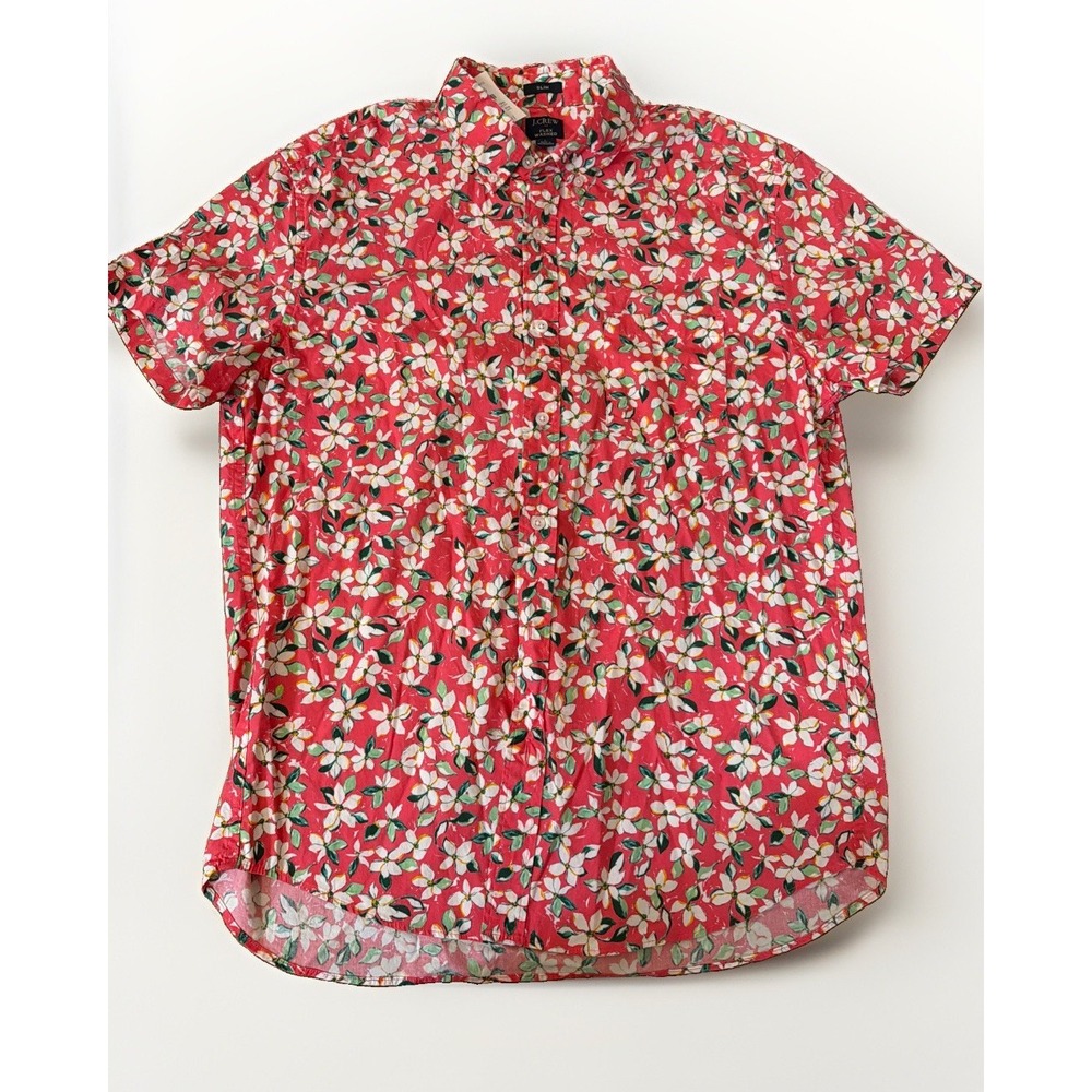 J.Crew Button Up Shirt Men Large Pink Flex Washed Floral Short Sleeve L NWT
